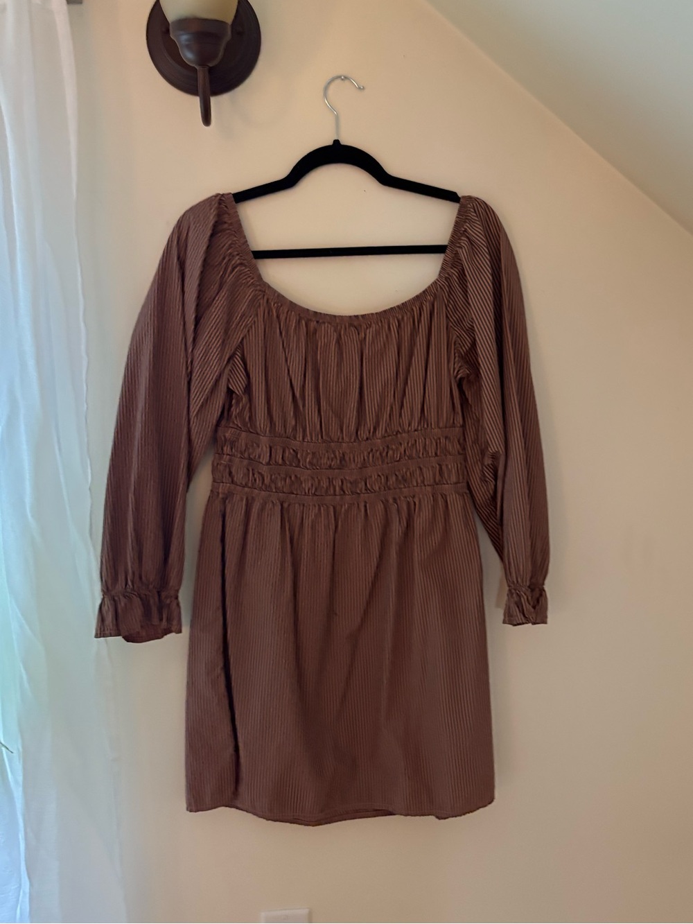 Super cute smocked, peach & grey mini dress! - Picture 2 of 3